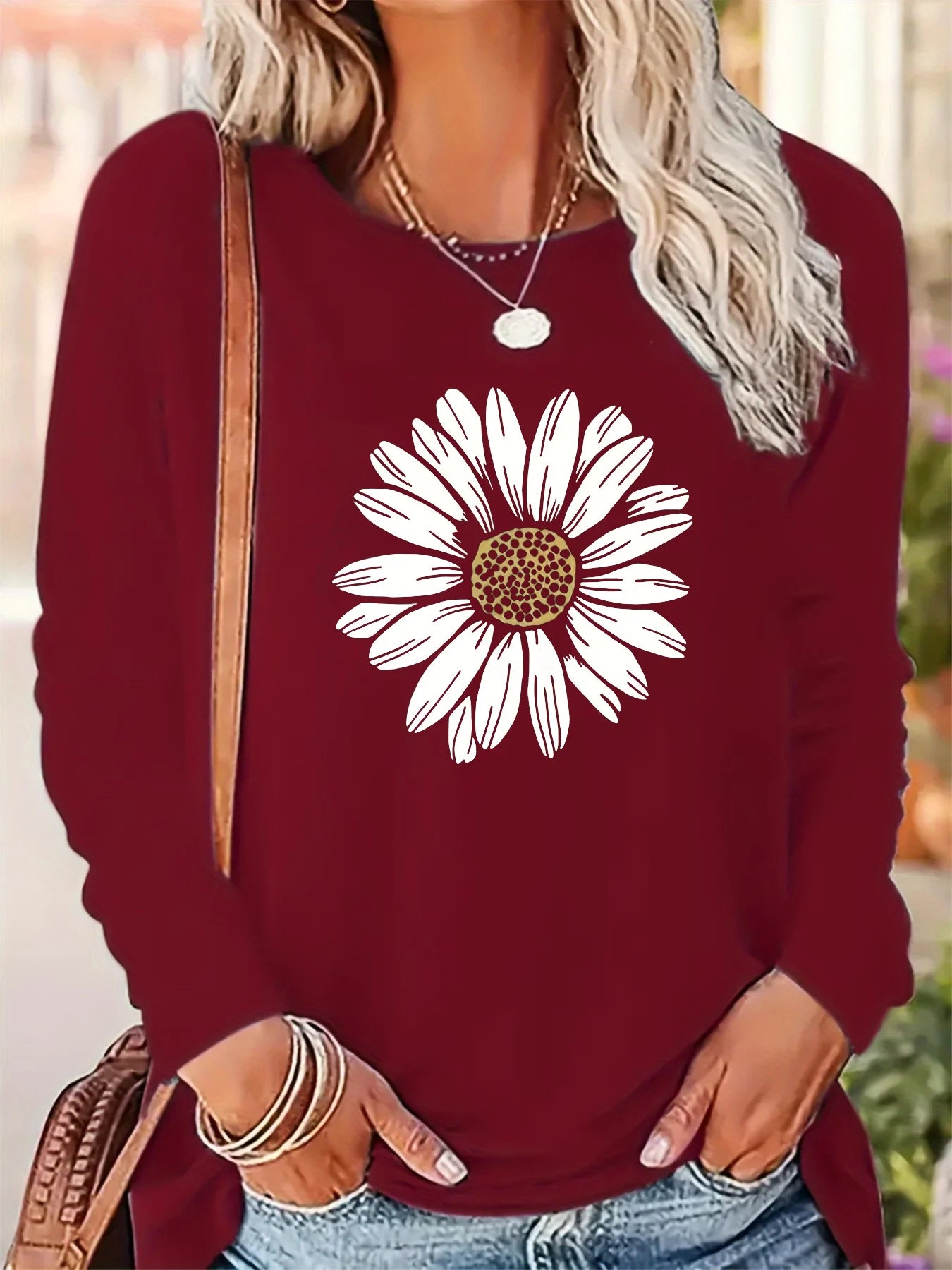 Women's autumn and winter 100% pure cotton fashionable casual loose sunflower print round neck long sleeved T-shirt top