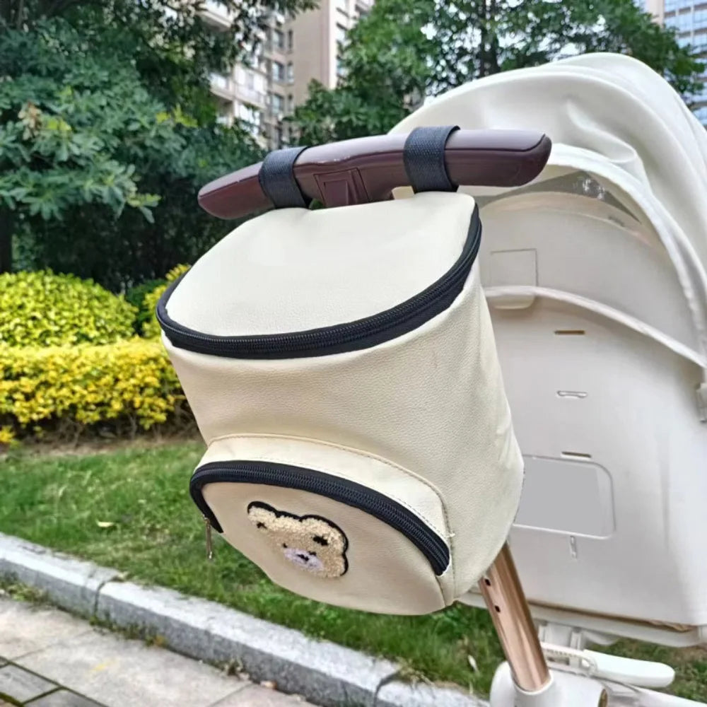 Cute Waterproof Stroller Hanging Bag PU Leather Large Capacity Umbrella Cart Bags Cartoon Bear Stroller Organizer Bags