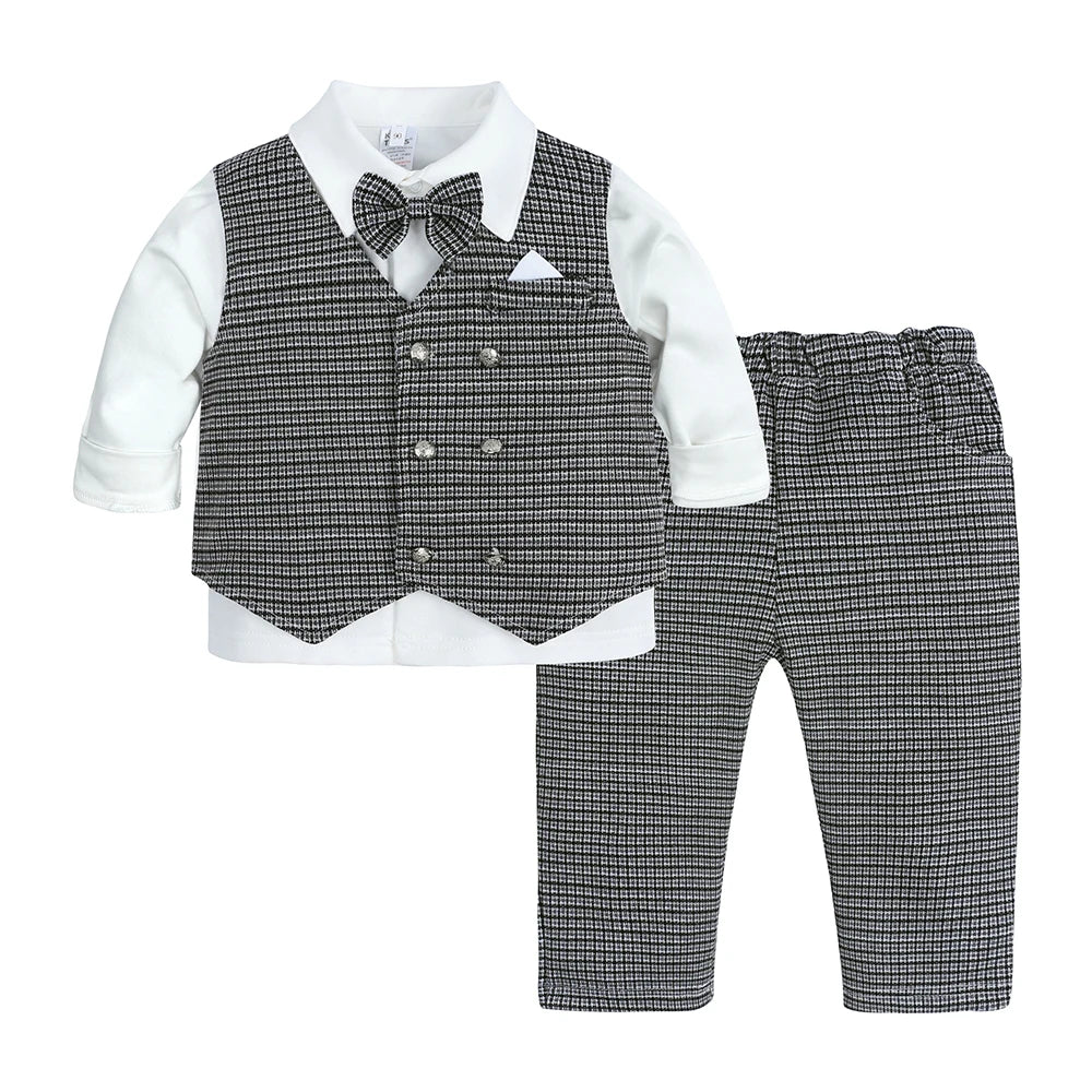 2026 Baby Boy Gentleman Suit Toddler Bow Tie White Shirt Vest+Pants Stripe Sets 3Pcs Formal Birthday Wedding Kids Party Clothes