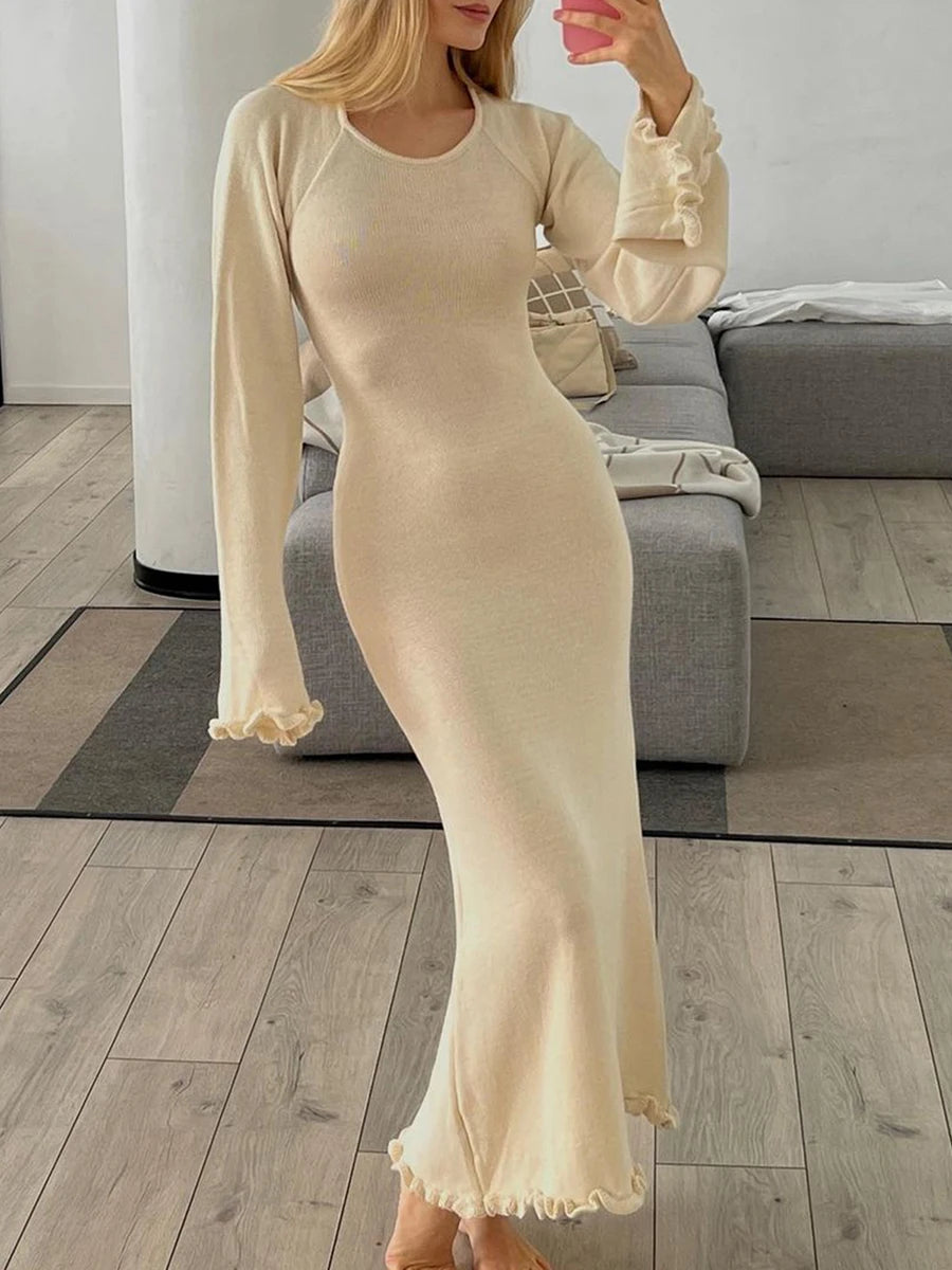 Sexy Backless Knitted Sweater Maxi Dress Outfits for Women Flare Sleeve Dresses Edible Tree Fungus Clothes 2024 Winter