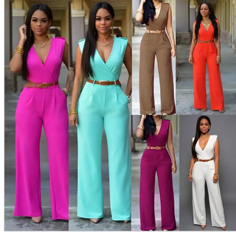 Summer Women's Jumpsuit Wide Leg Pants V-Neck One-Piece Suit with Belt Casual Fashionable Ladies' All-In-One Clothing