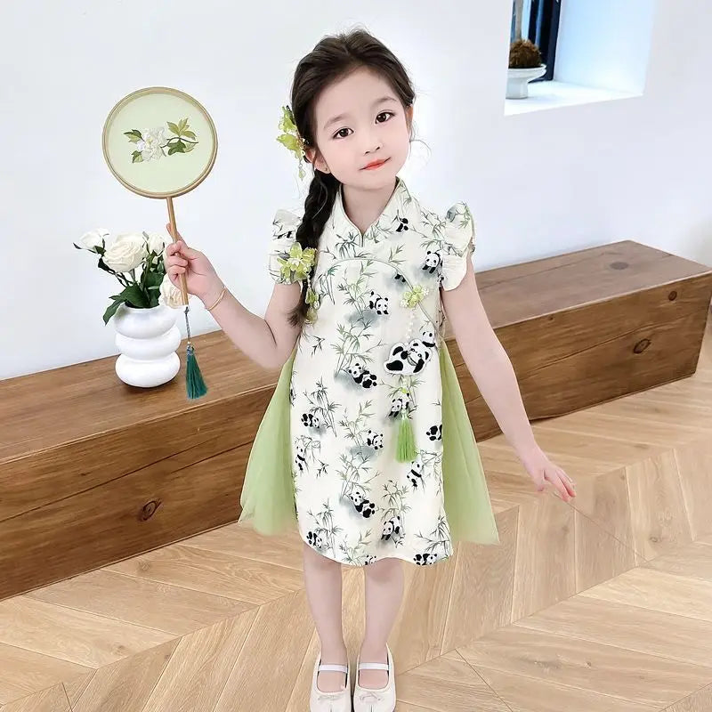 2026 Chinese summer panda girls Clothes retro teens lace hanfu qipao mesh Child Princess flower Dress 5 6 7 8 9 10 12 new year