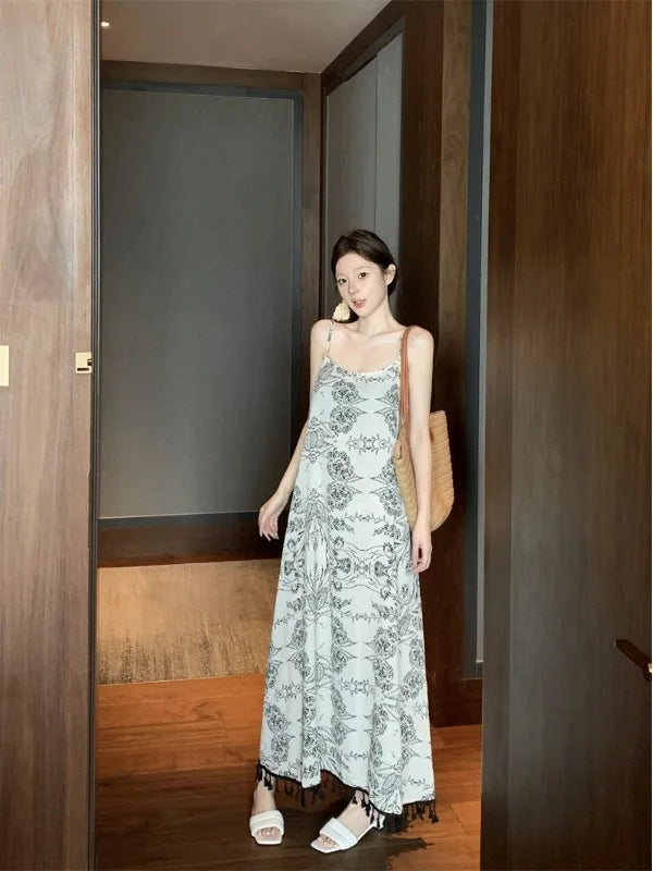 Retro Gradient Print Halter Dress Women's Fashion Design Summer Slim Fit Long Skirt  Dress Korean Style Commute Wear