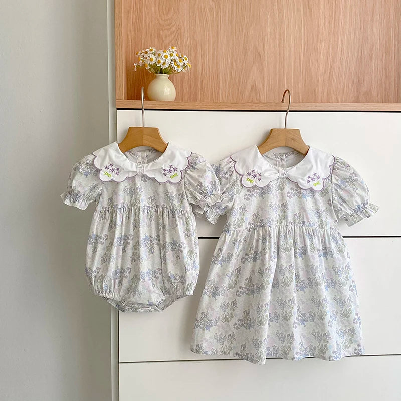 2026 New Summer Baby Girl Short Sleeve Dress Sweet Floral Puff Sleeve Dress 2-6Yrs Embroidered Collar Girl Children Dress