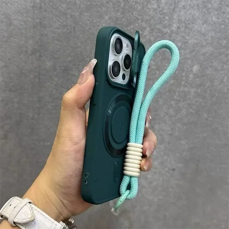 Luxury Flip Up Lens Holder Magnetic Case for iPhone 16 15 14 13 12 11 Pro Max 17 Plus Fashion Nylon Wristband Lanyard Soft Cover