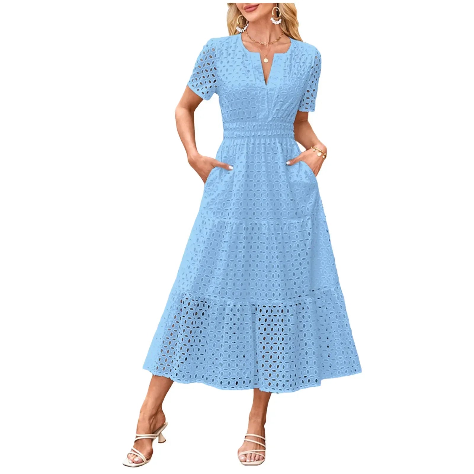 Summer New Women Short Sleeved Long Dress Trendy V-Neck Hollow Eyelets Ruffle Hem A-Line Dresses Pockets Female Vestidos