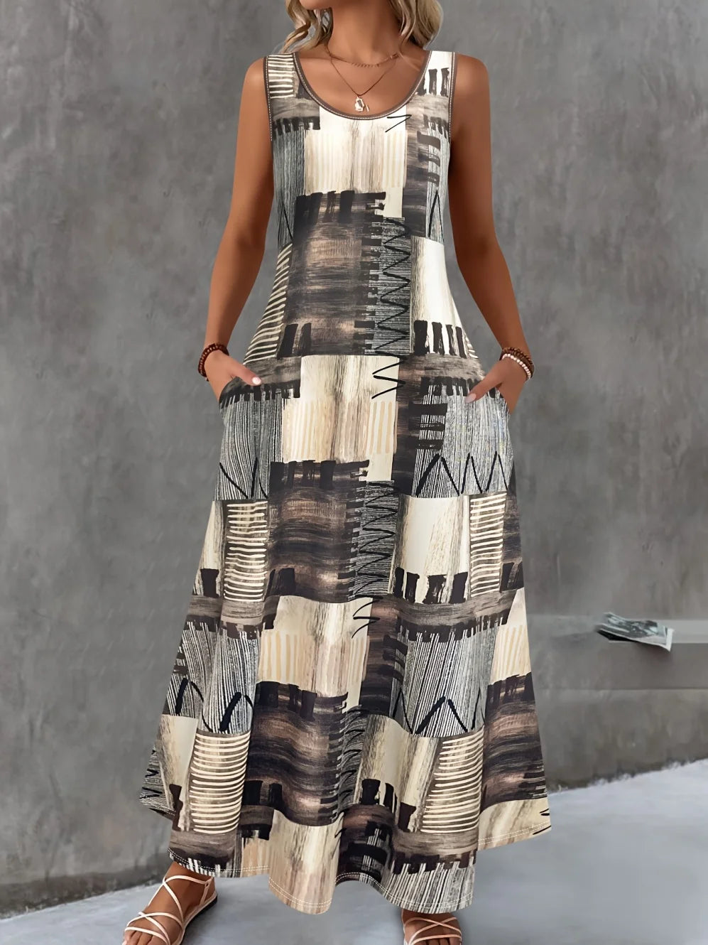 Women's Casual Dresses Summer Stylish Polka Dot Print Sleeveless Dress with Round Neck and Pockets Fashion Elegant Party Dresses