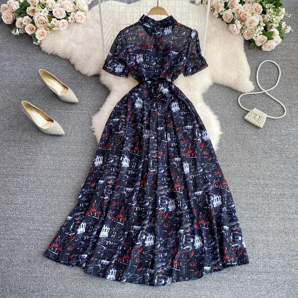 Ele Summer Vintage Gentle Wind Turn-down Collar Slimming Print Single-button A-line Chiffon Dr Long Skirt