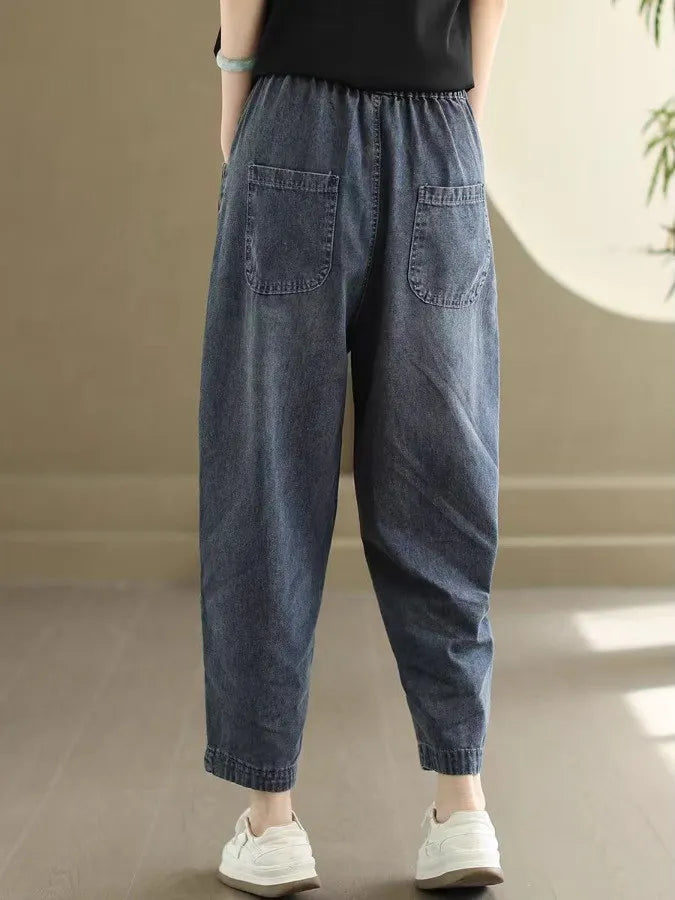 Retro Full Cotton Washed Denim Pants Women's New 2026 Spring Summer Patchwork Loose Harem Pants High Waist Nine Points