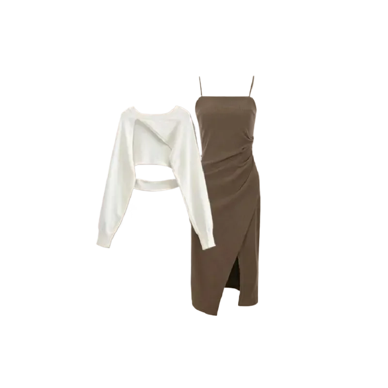 Women Spring New Vintage Short Knit Blouse+Split Sling Skirt 2-Piece Suit 2026 Korean Elegant Long Sleeve Top Dress Matching Set