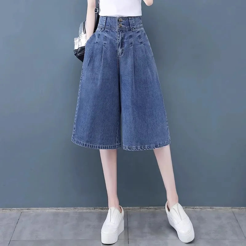 High Waist Wide Leg Pants Thin Design Summer Jeans Women's Loose Fit Small Size  Straight Cut Denim orts