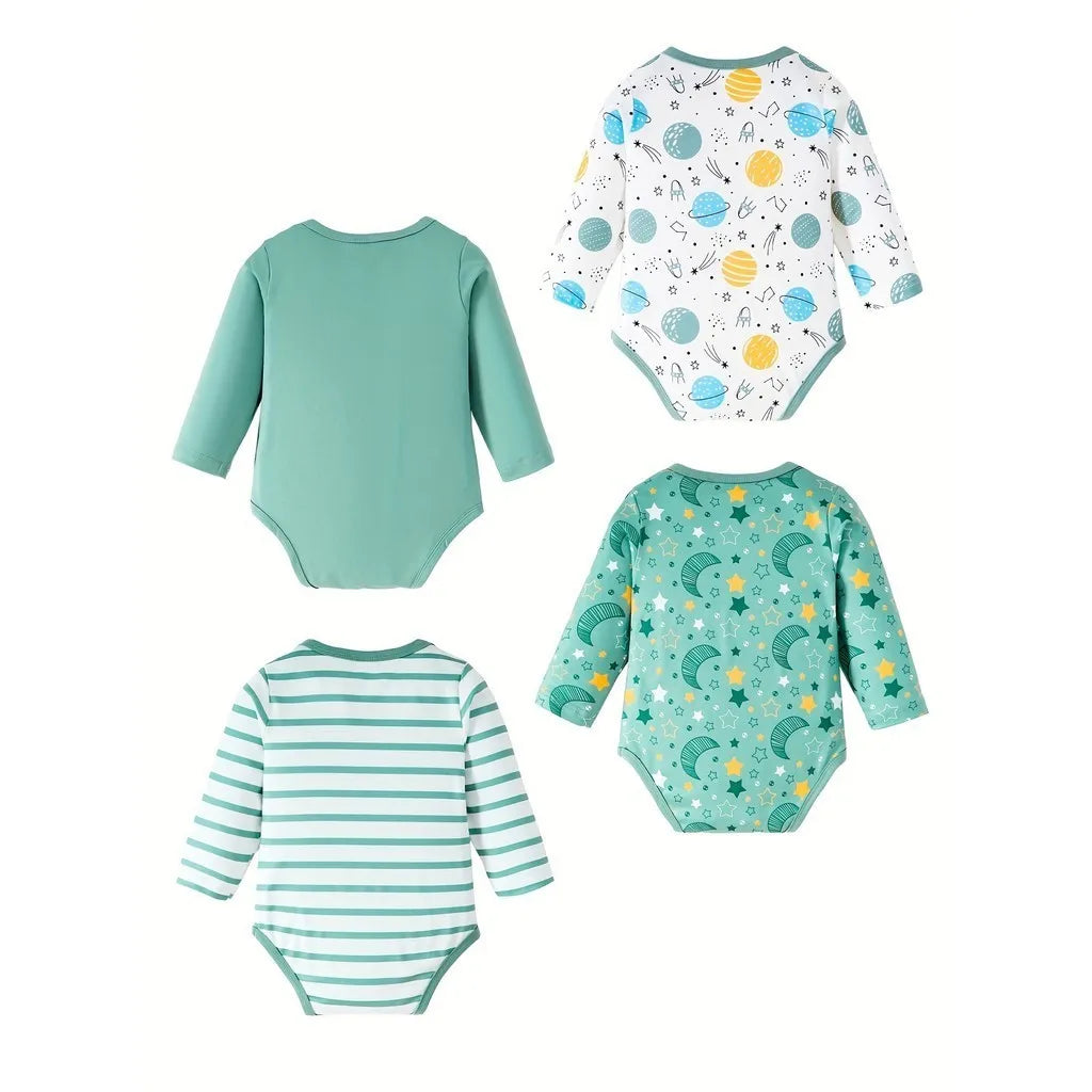 4PCS Newborn Baby Boy Bodysuit Outfits Long Sleeved Romper+Pants+Hat+Glove Cartoon 4 Set Soft Pajamas for Infant Baby 0-12Months