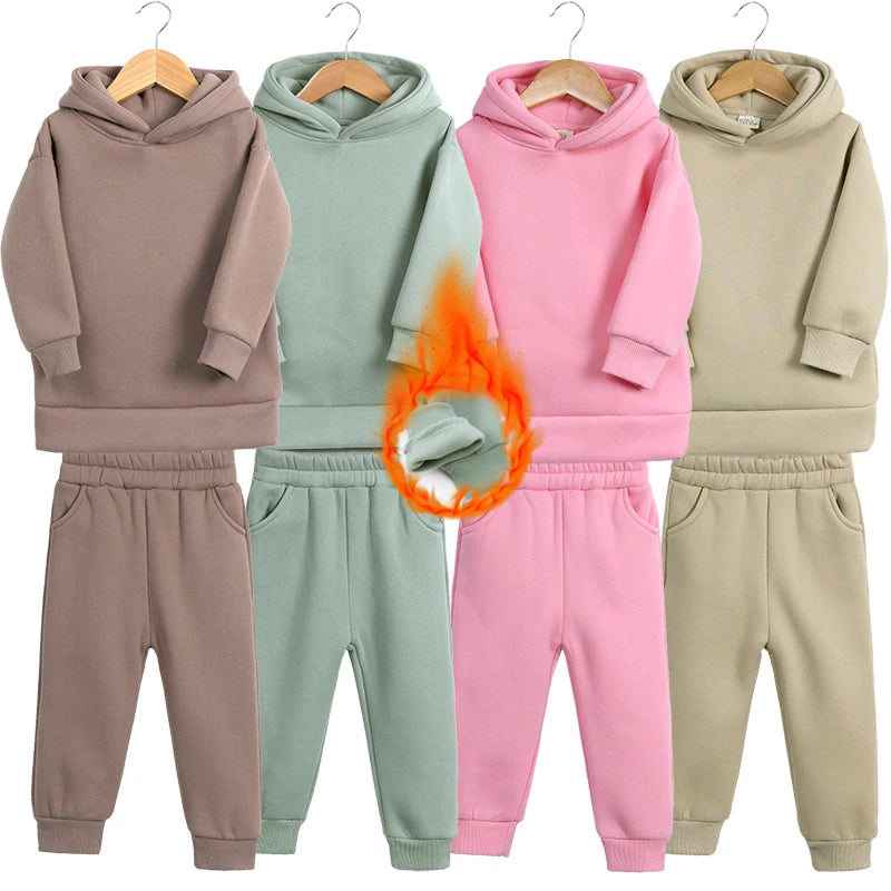 2026 Winter Children Fleece Outfits Toddler Warm Thicken Cotton Soild Hoodies+Pants Tracksuit Kids Boy Girl Sweatsuits Sets