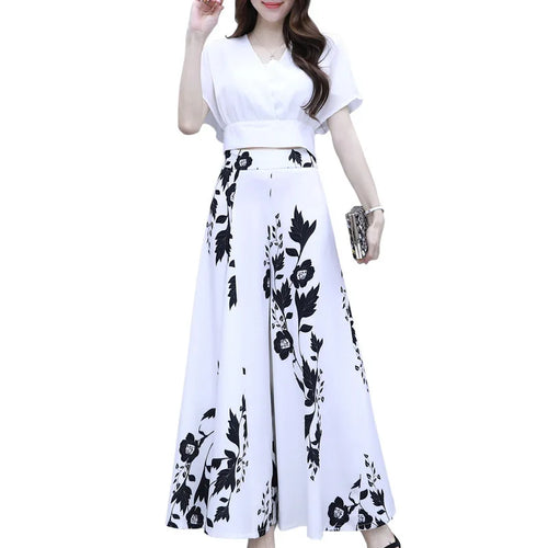 2024 Summer Commuting Fashion Loose Versatile Chiffon Solid Short Sleeved High Waist Wide Leg Printed Panel Women's Flare Pants