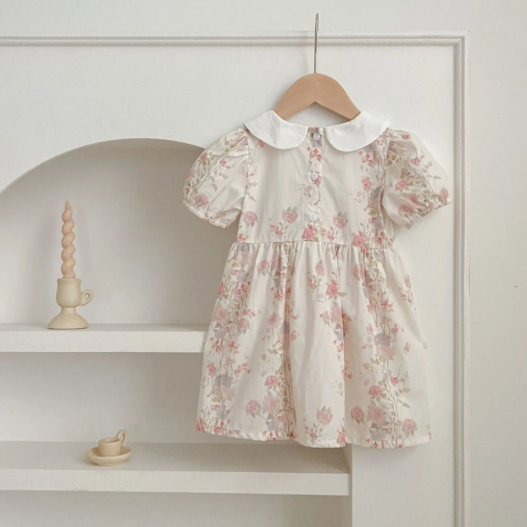 Baby Girl Dress Summer New Doll Collar Pink Print  Puff Short Sleeve Fashion Princess Dress Toddler Cotton Casual Party Clothes