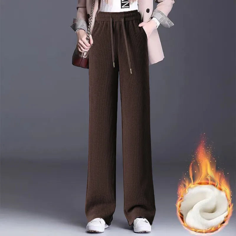 Thickened Fleece Wide Leg Pants Women's Casual Straight Cut Velvet Slimming Versatile Autumn Winter Fashion High Waist Trousers