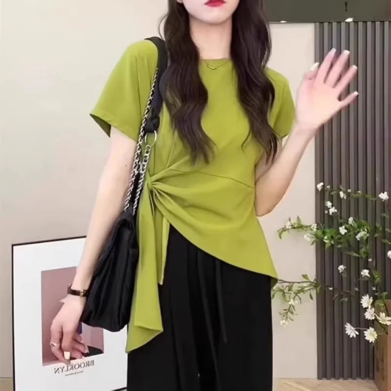 plus Size Women's Cotton T-Shirt Side Tie Waist Short Sleeve Asymmetrical Slit Summer Slimming Top Korean Style Casual Wear
