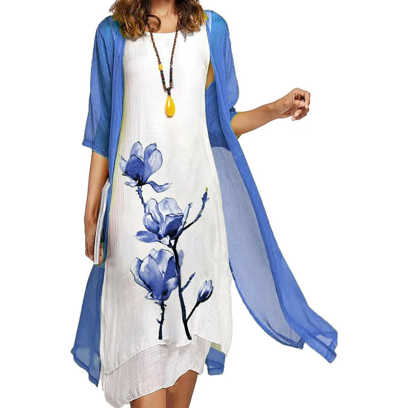 Fall 2025! Europe and the United States cross-border fashion casual loose print dress needle coat two-piece set
