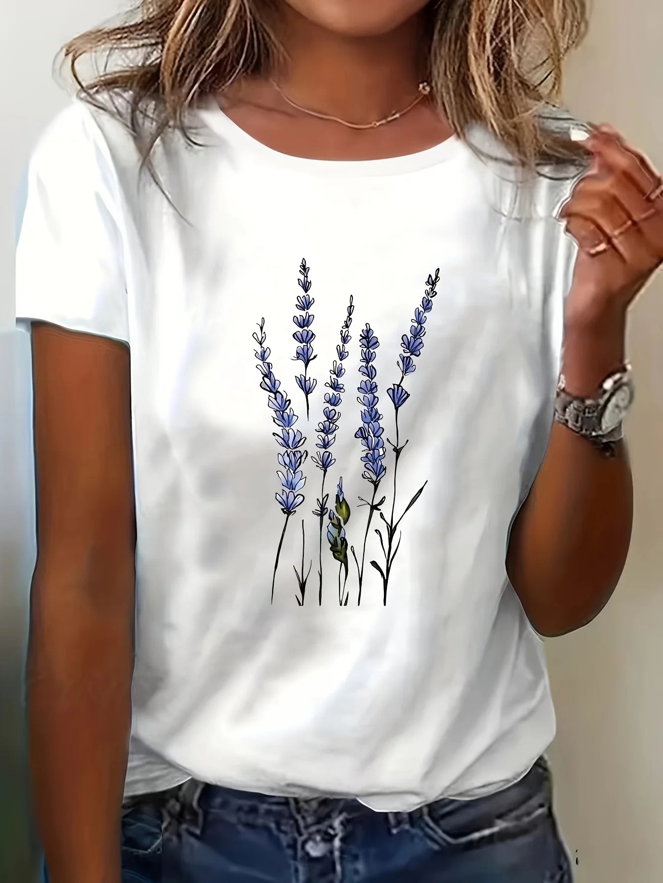 Women's Summer Casual Lavender Floral Print T-Shirt - Korean-Inspired Round Neck Short Sleeve Top Lavender Blouses