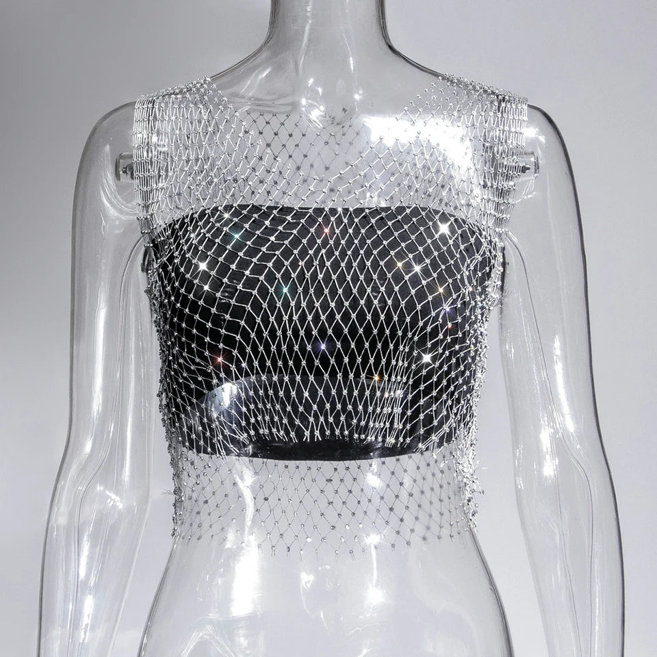 Women Sexy See Through Mesh Diamond Tank Tops Hollow Out Rhinestone Vest Beach Cover Up Crop Tops For Rave Festival Clubwear