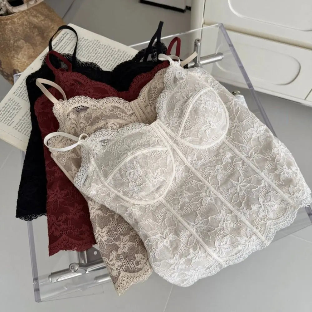 Chic Mesh Flower Slim Lace Crop Top Bottoming Shirt Sweet Girl's Vest Top Spicy Girls Style Summer Camisole with Pads Women