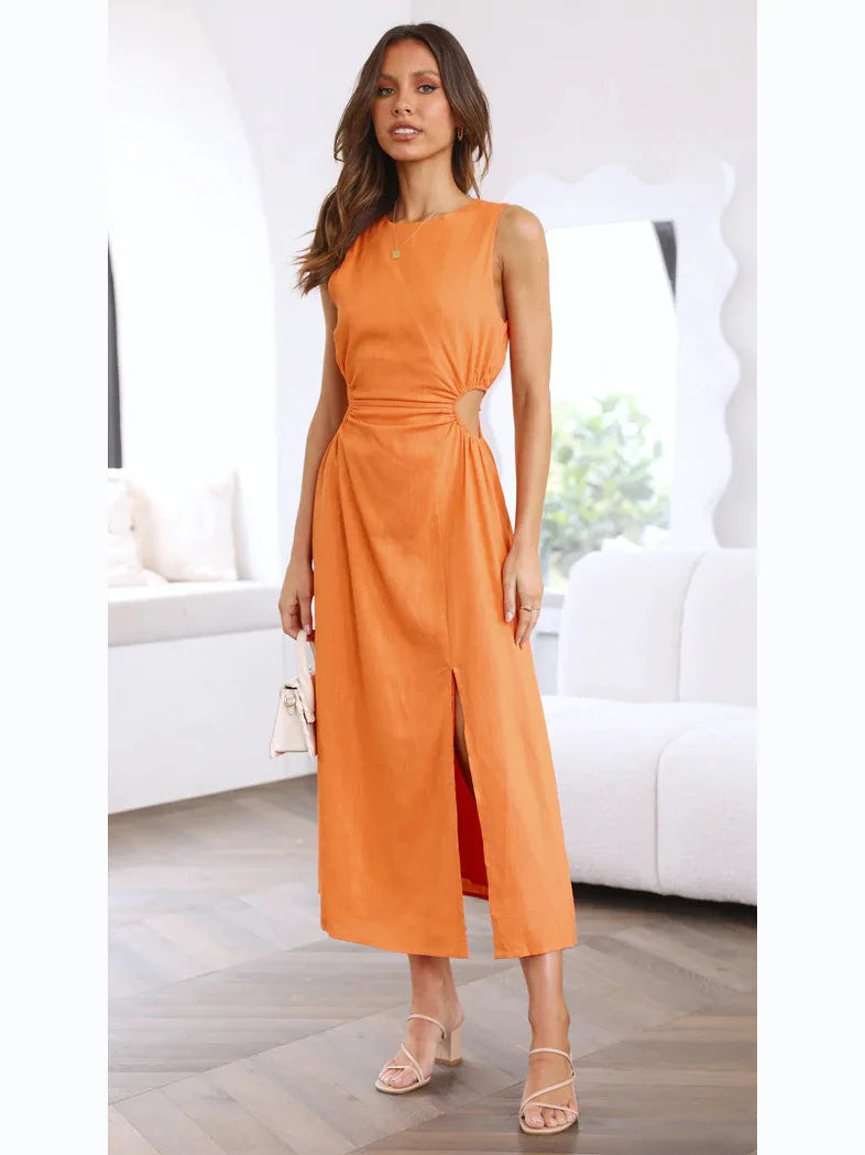Sweet Style Women's Summer New Pure Color Waist-Cinching round Neck Fashion Dress Cleanfit A-line Skirt No-sleeve Cotton Dress