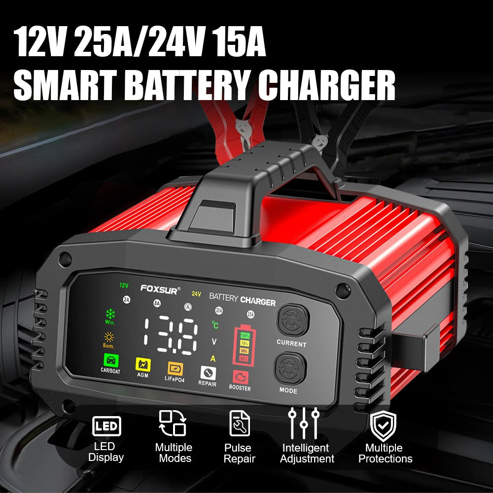 15A/24V 25A/12V Automobile Battery Chargers High Power Intelligent Booster Pulse Repair Car Battery Storage Cell Charging Device