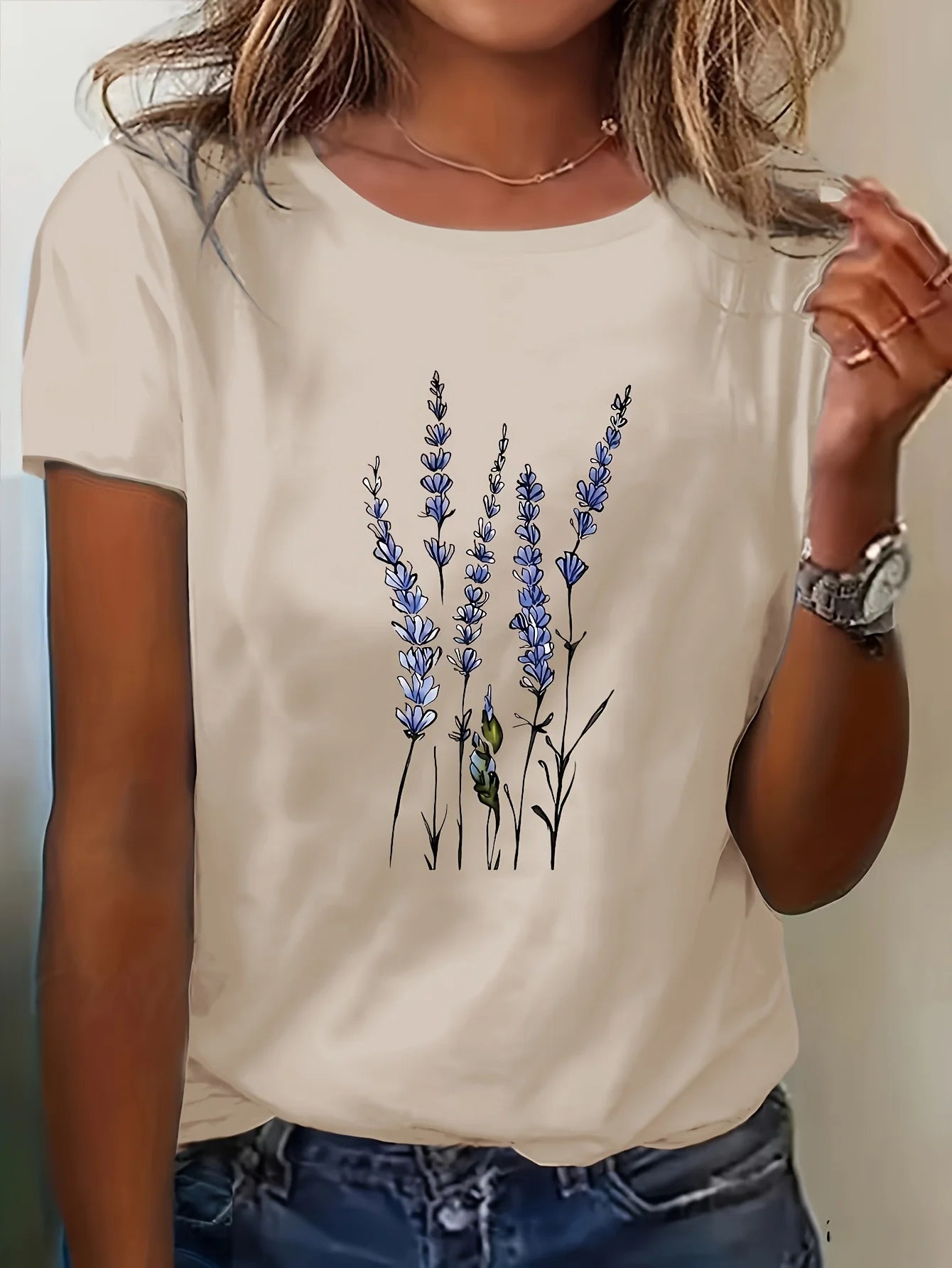 Women's Summer Casual Lavender Floral Print T-Shirt - Korean-Inspired Round Neck Short Sleeve Top Lavender Blouses