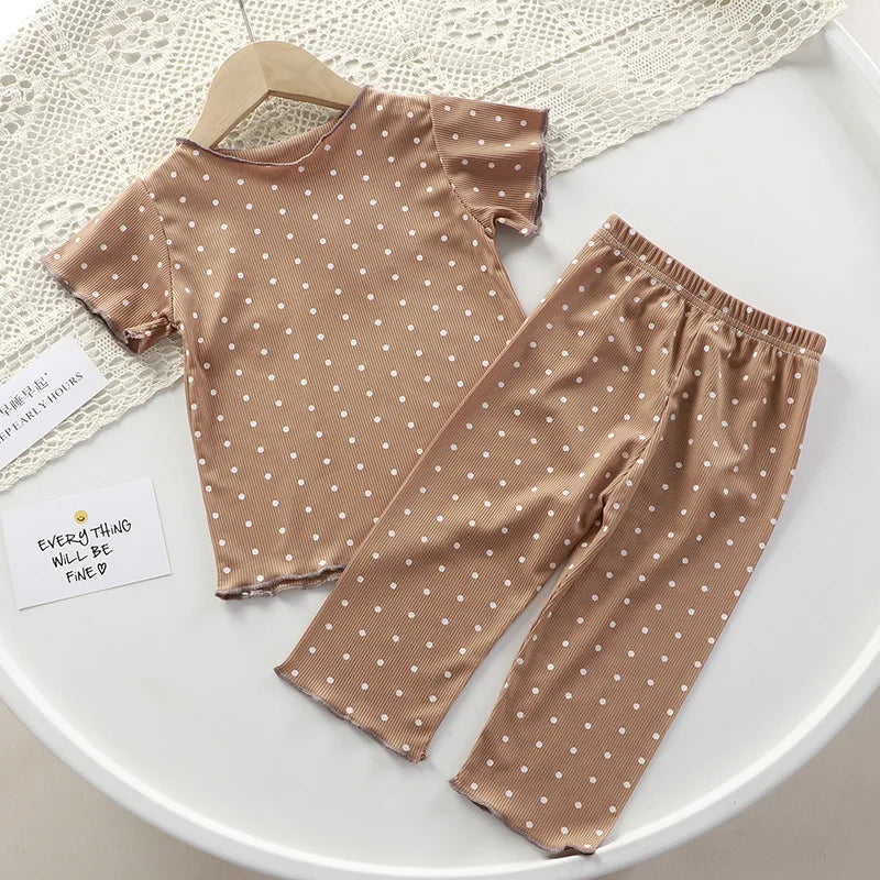 Korean version of summer girls short-sleeved suit comfortable air conditioning suit baby girl ice silk polka dot home clothes