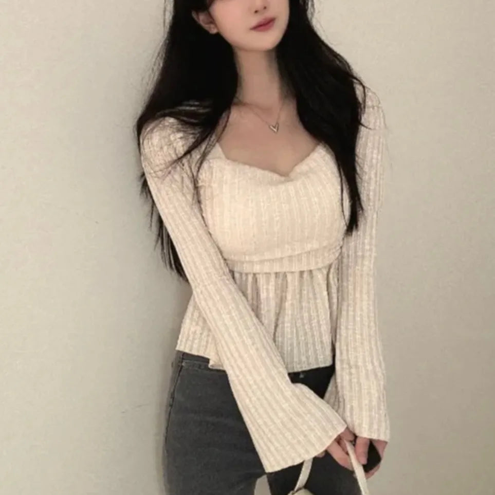 Chic Design Knitted Sweater Women's Square Collar Waist Cinched Flared Sleeve Inner Wear Short Top Commute Style