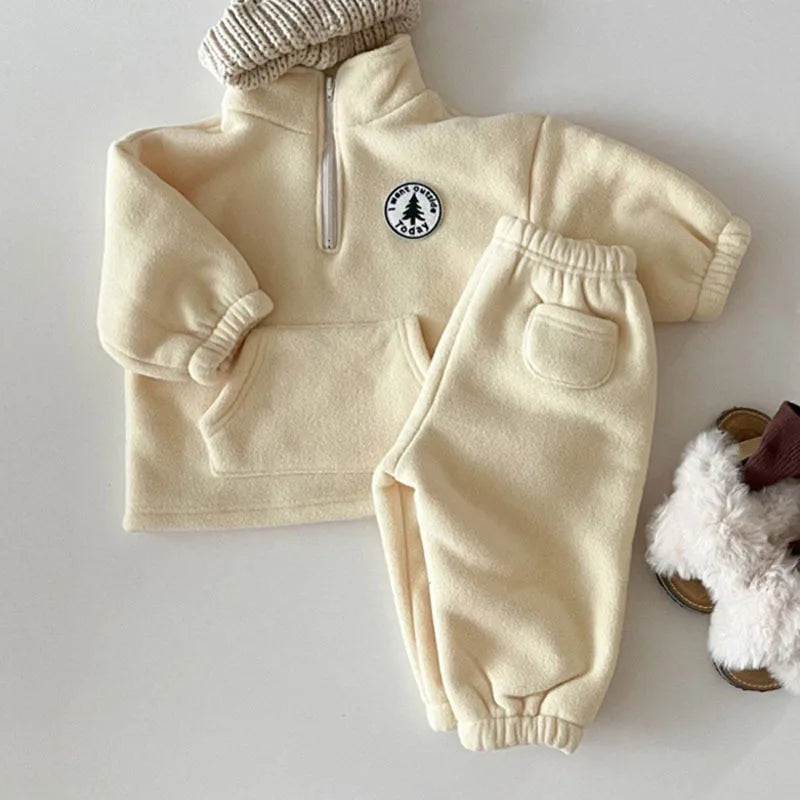 2025 Autumn Baby Boys Clothing Sets Children Thicken Plush Clothes Girls Solid Cotton High Collar Tops+ Pant 2 Pieces Suits