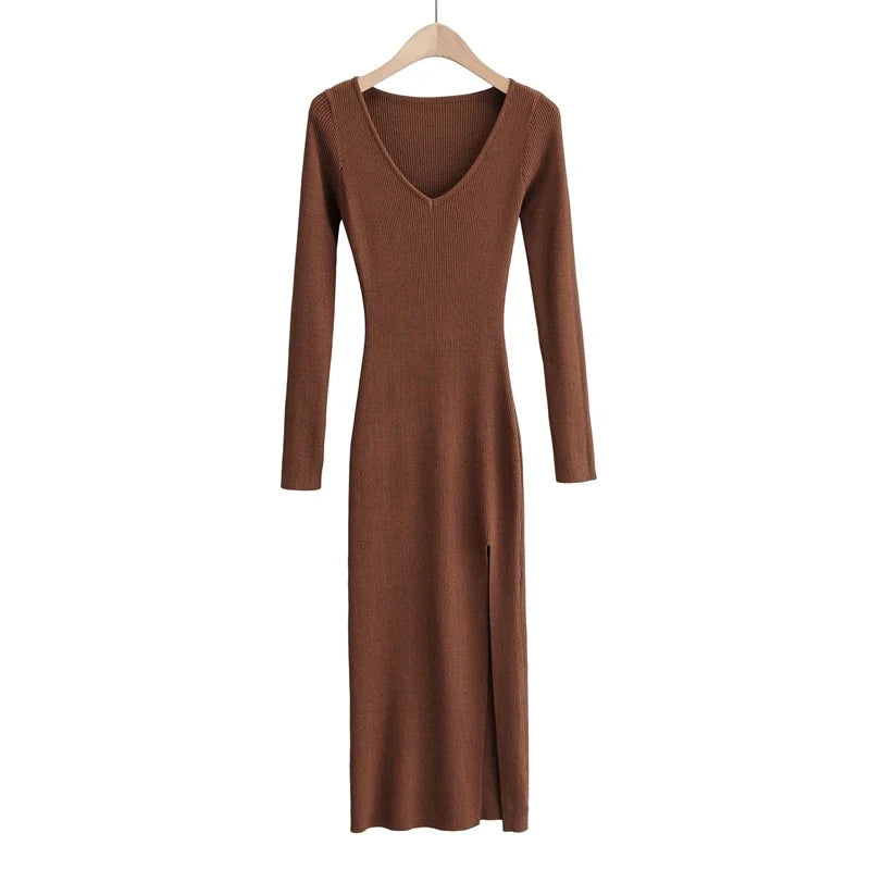 2026 New Basic Fashion Women Elastic Solid Elegant V Neck Sweater Dress Long Sleeve Ladies Side Open Midi Long Dress