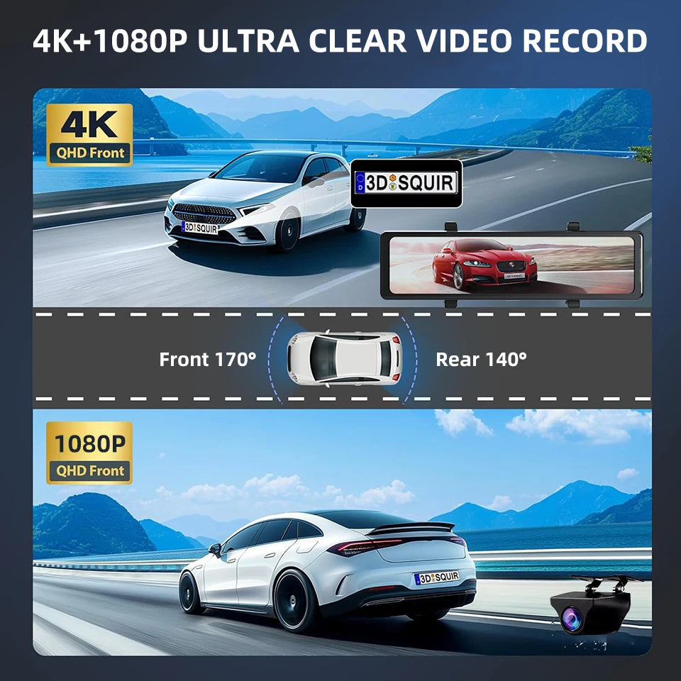 E-ACE Car DVR 24H Touch GPS Night Vision Connect Phone 12 Inch Record Sound Rear Camera 4K Dash Cam Optional Dual-Lens Black Box