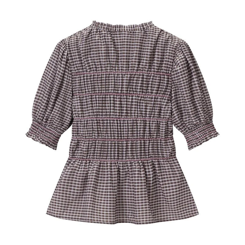 Preppy Style Plaid Ruffle Neck Puff Sleeve Tiered Peplum Blouse Women Casual School Daily Tops