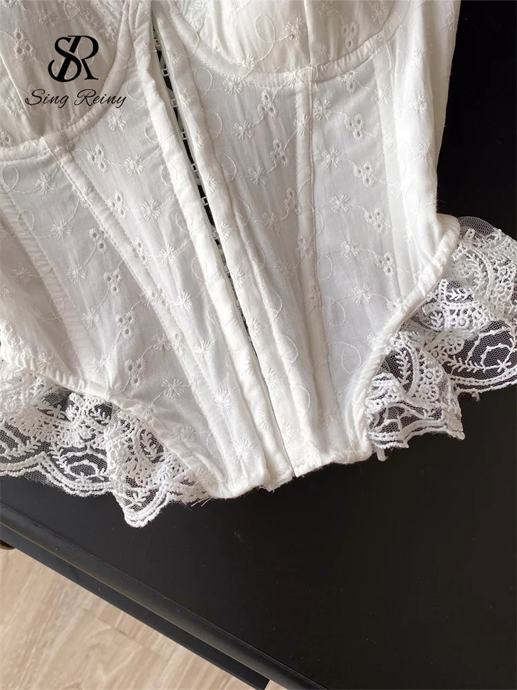 SINGREINY Embroidery Lingerie Corset Top Ladies Strap Lace Up Shapwear Flirty Camisole French Lace Ruffles Hotsweet Tank Top
