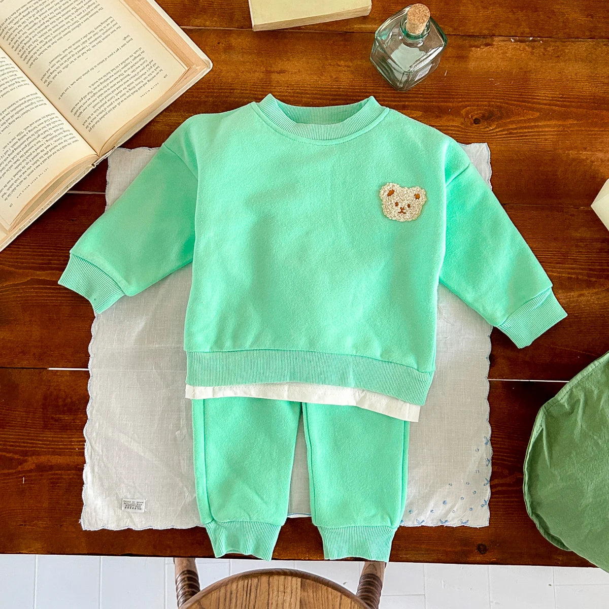 Baby Bear Embroidery  Fleece Pullover  Set  Sweatshirt Tops+Harem Jogger Pants Suits 2pcs Girls Boys  Lined Clothes