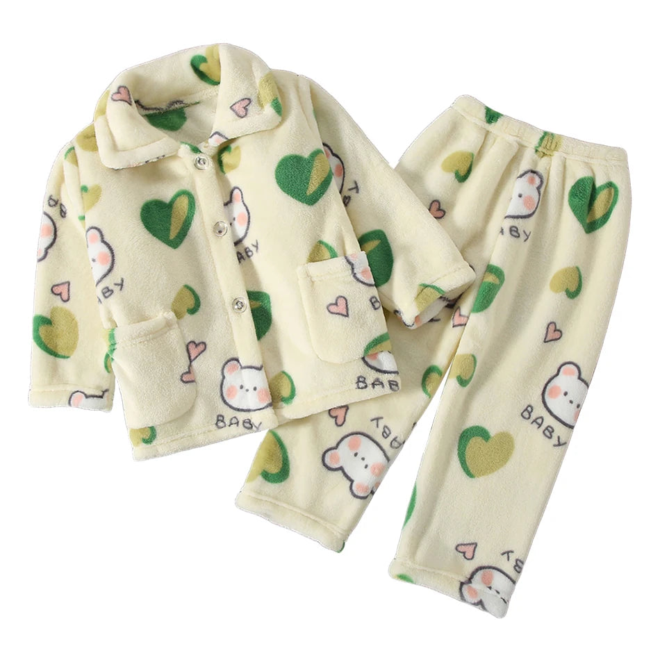 Winter Kids Pajama Set Coral Fleece Sleepwear with Cute Cartoon Clothing Ultra Warm Comfortable Long Sleeve Pajamas for Boy Girl