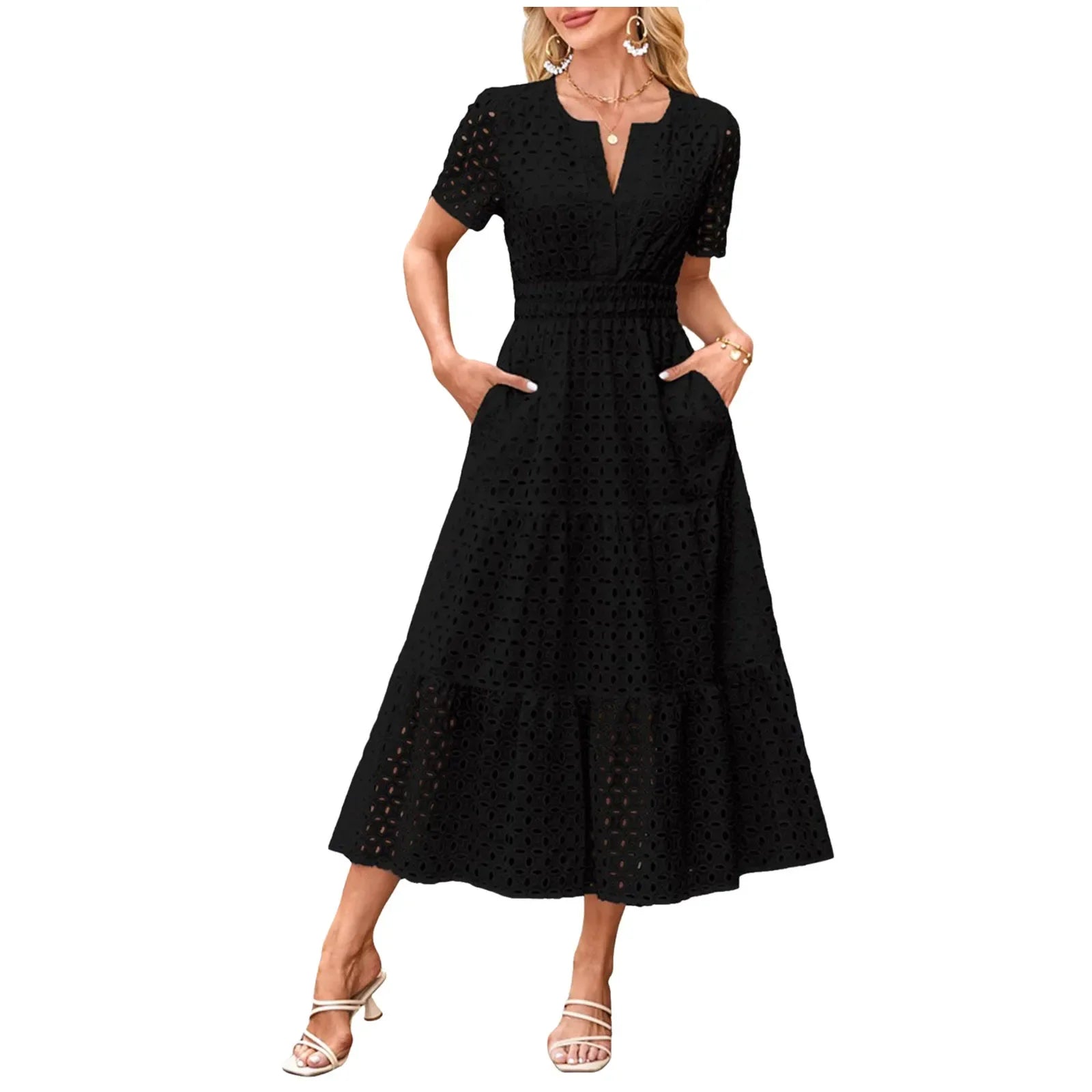 Summer New Women Short Sleeved Long Dress Trendy V-Neck Hollow Eyelets Ruffle Hem A-Line Dresses Pockets Female Vestidos