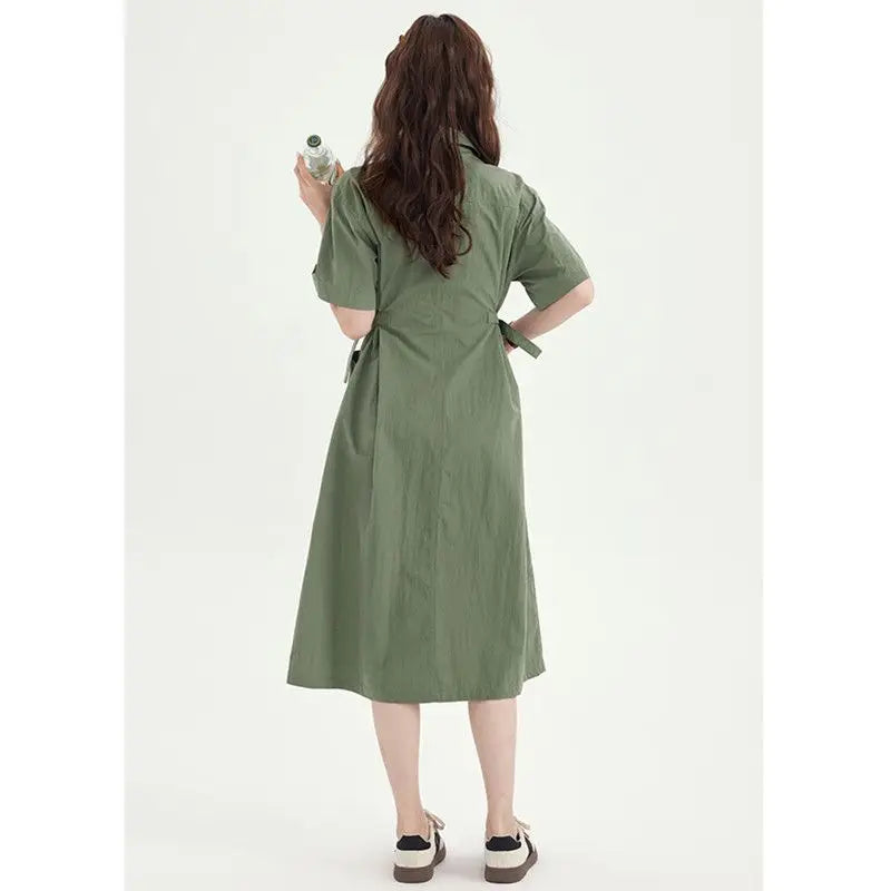 Fashion Lapel Button Pockets Lace Up Casual Dresses Female Clothing Summer New Loose Short Sleeve Solid Color Midi Dress