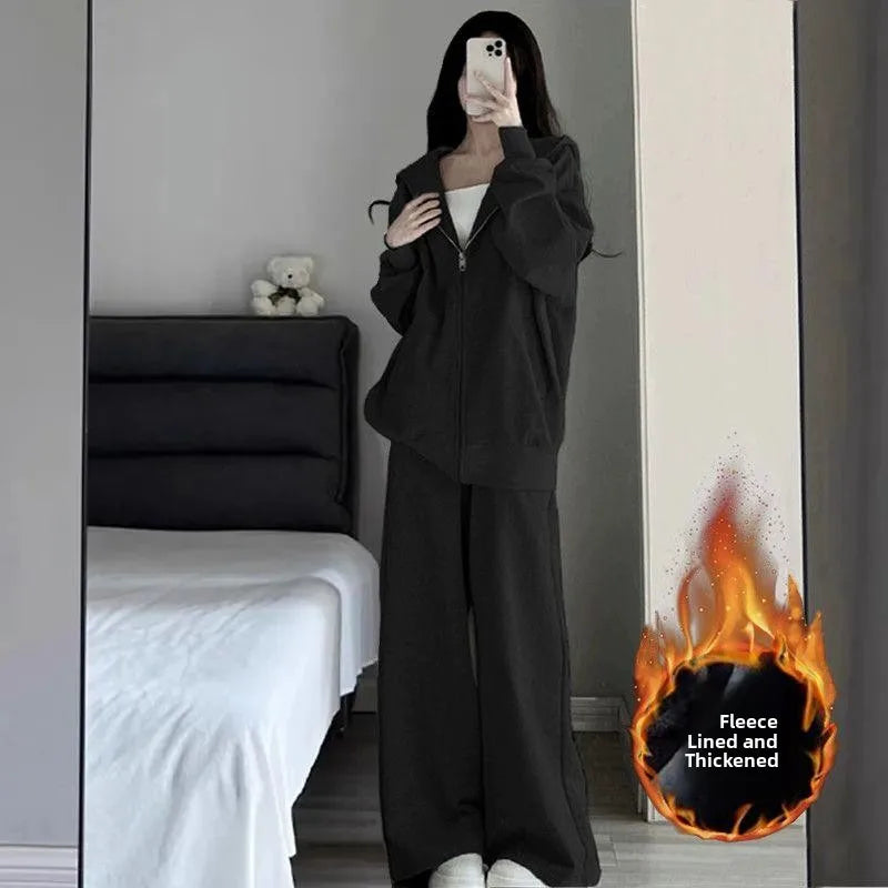 Casual Sportswear Set Women's Spring Autumn New Loose Korean Fashion Versatile Fleece Sweatshirt Two-Piece Trendy Outfit