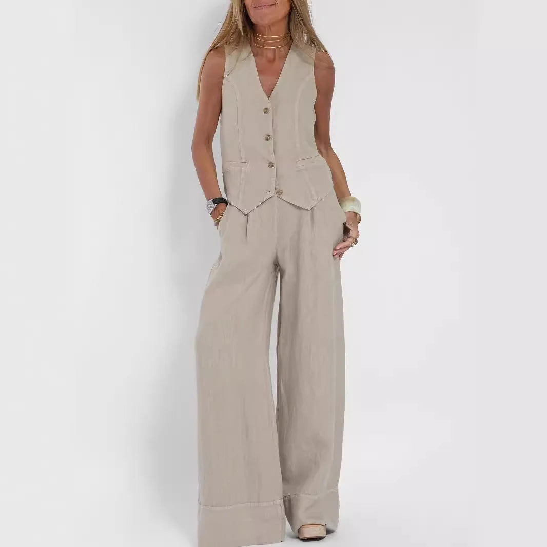 Fashion Patchwork Cotton Linen Vest Pants Casual Suit Women's High Waist Long Pants V-Neck Sleeveless Summer Outfit Set