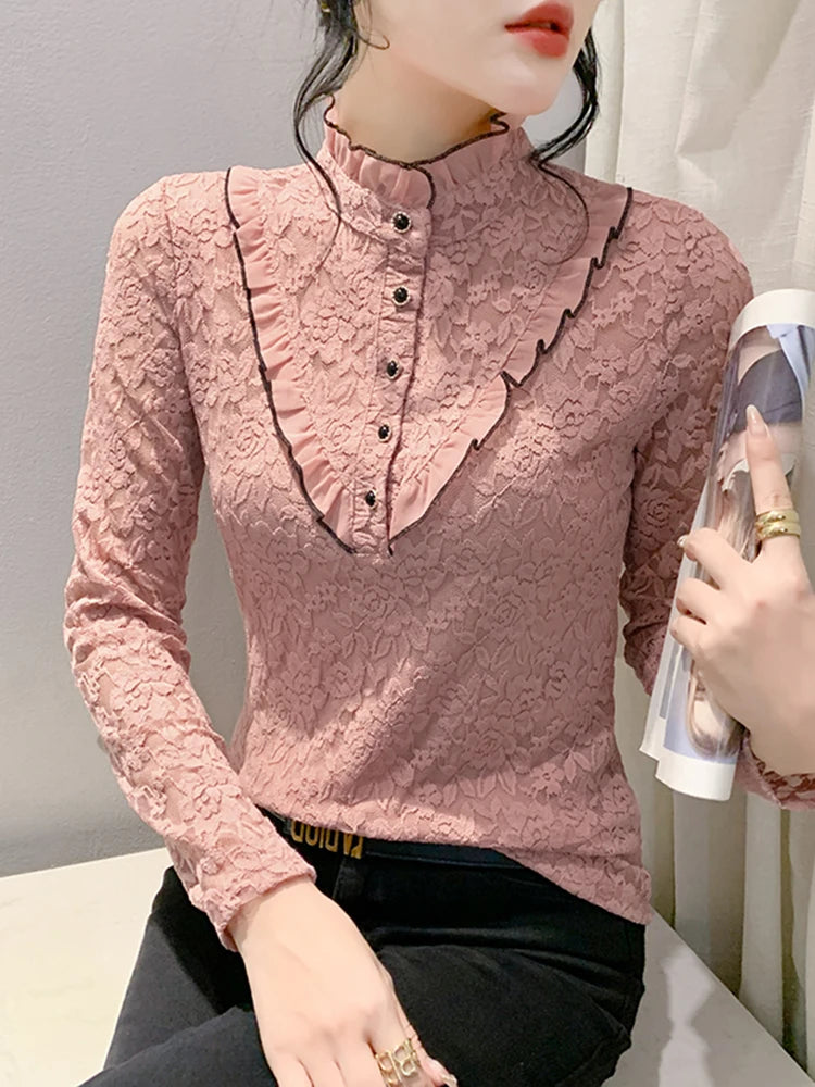 Fleece Lined Lace Long Sleeve Half High Collar Base Shirt Women's Sexy Mesh Top Slimming Versatile Korean Style Commute Wind