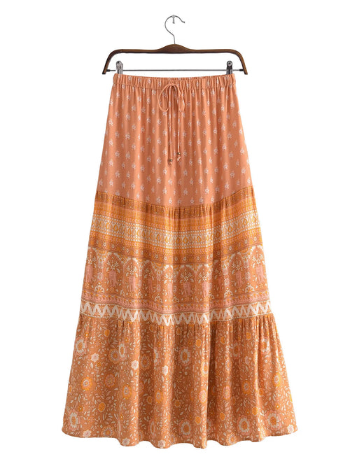 2022 BOHO Orange Flower Print Long Skirt Spliced Ruched Ruffle Hem Hippie Women Ball Tassel Bow Waist Swing Skirts Holiday
