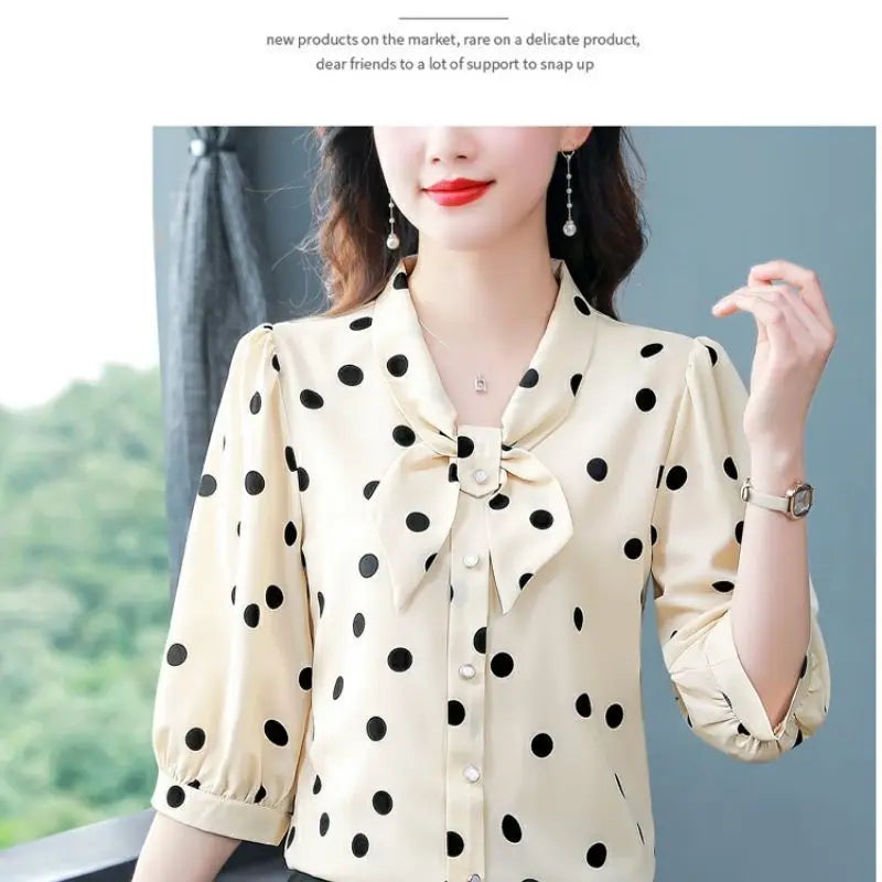V-neck and Three-quarter Sleeve Middle-aged and Streamer Chiffon Slim and Versatile Age-reducing Fashion Thin Shirt