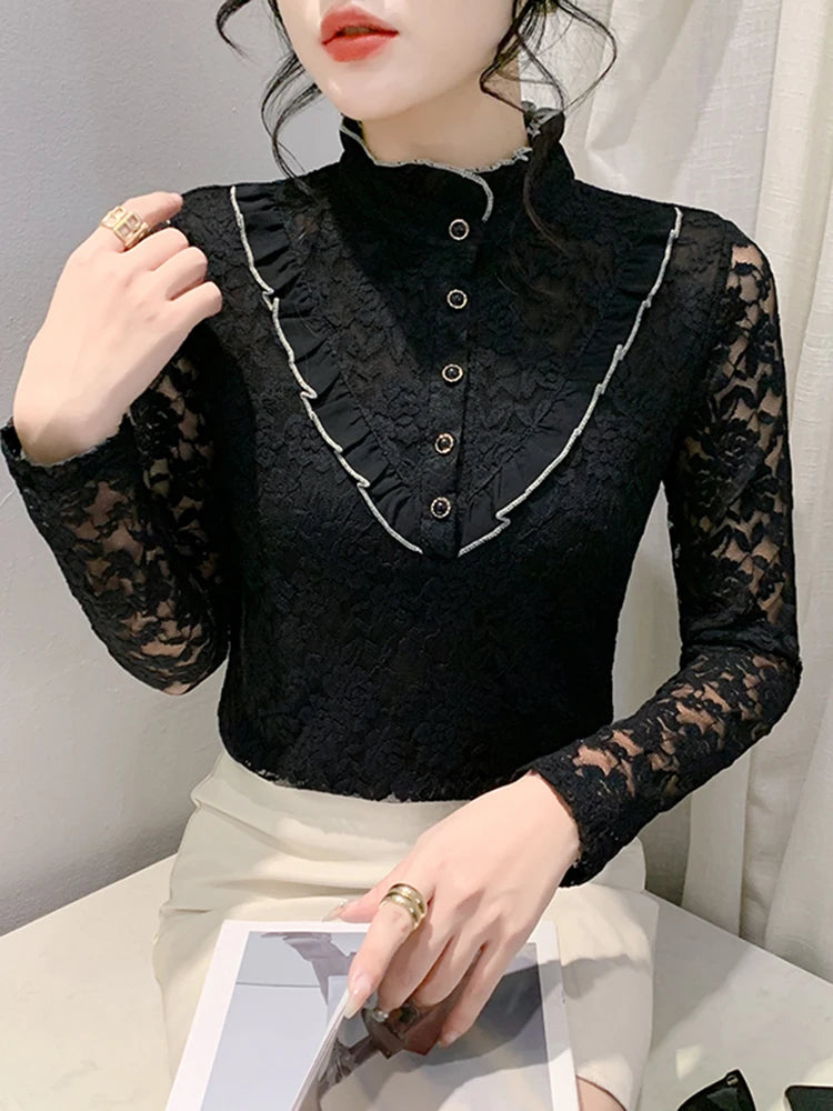 Fleece Lined Lace Long Sleeve Half High Collar Base Shirt Women's Sexy Mesh Top Slimming Versatile Korean Style Commute Wind