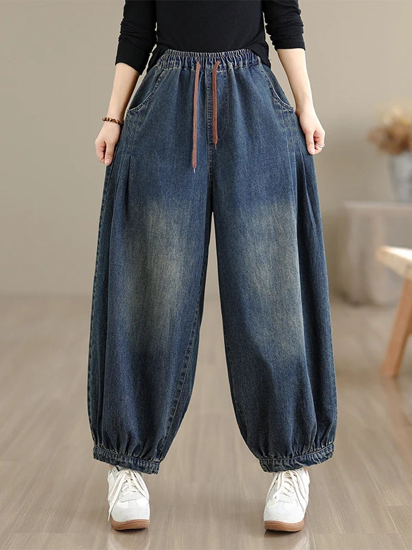 Women's Casual Washed Denim Elastic Waist Loose Fit Jeans Harlan Pants plus Size Nine Points Spring Autumn Seasonal Cotton