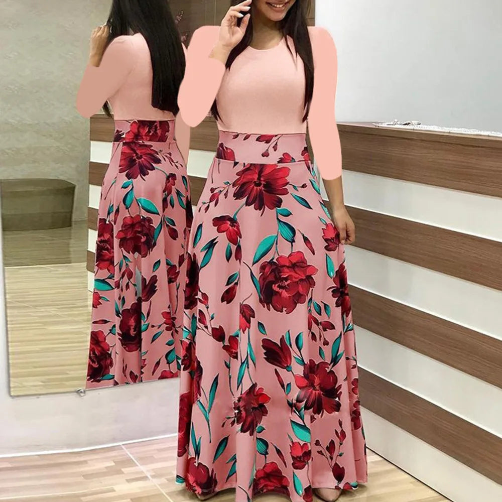 Wish Best Selling Floral Print Color Block Long Sleeve Dress Women's Maxi Dress round Neck Other Material 100% Summer 2020