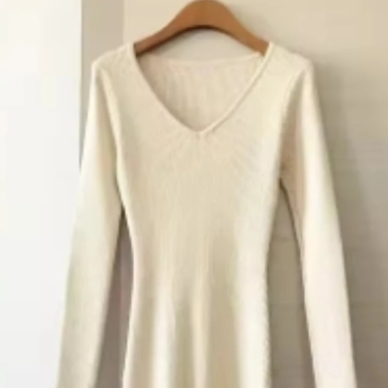 2026 New Basic Fashion Women Elastic Solid Elegant V Neck Sweater Dress Long Sleeve Ladies Side Open Midi Long Dress