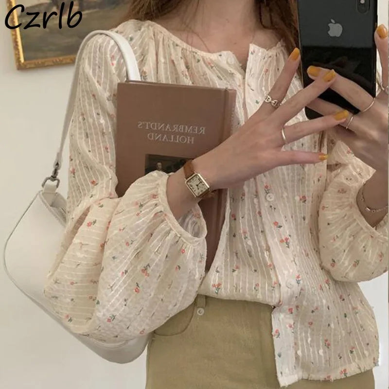 Chiffon Shirts Women Summer Floral Printing Girls Long Lantern Sleeve O-neck Blouses All-match Lovely Button-up Elegant Simple