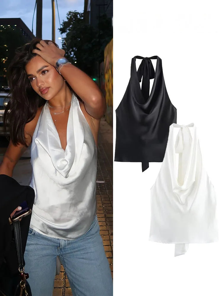 HH Female Summer Sexy Slim Short Top Solid Sleeveless Backless Bow Lace-Up Decoration Women's New Fashion Tops 7 Color